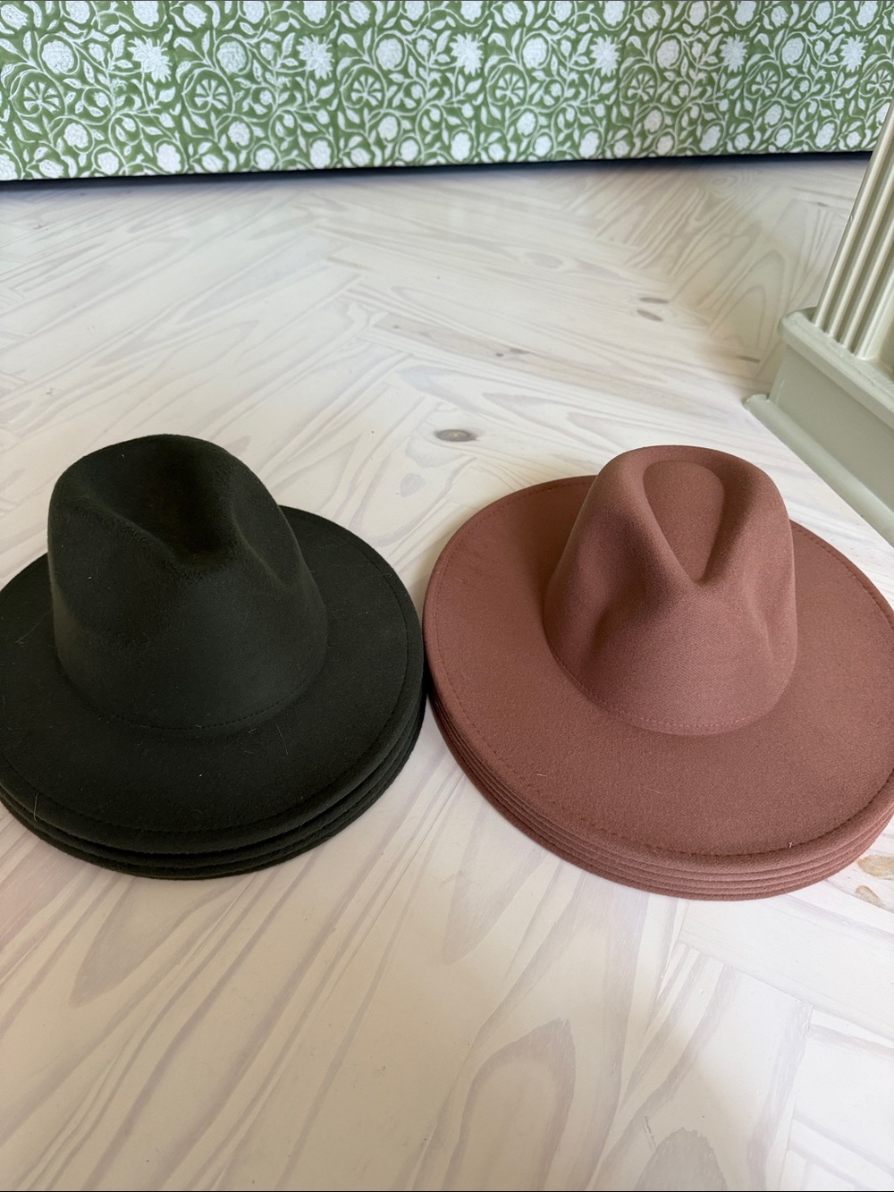 Wide Brim Fedora Hat - Green and Mauve Set of 9